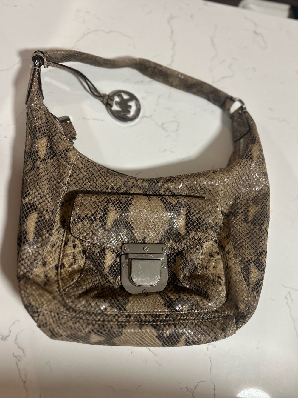 Snake-Print Shoulder Bag in Tan and Brown with Silver Hardware